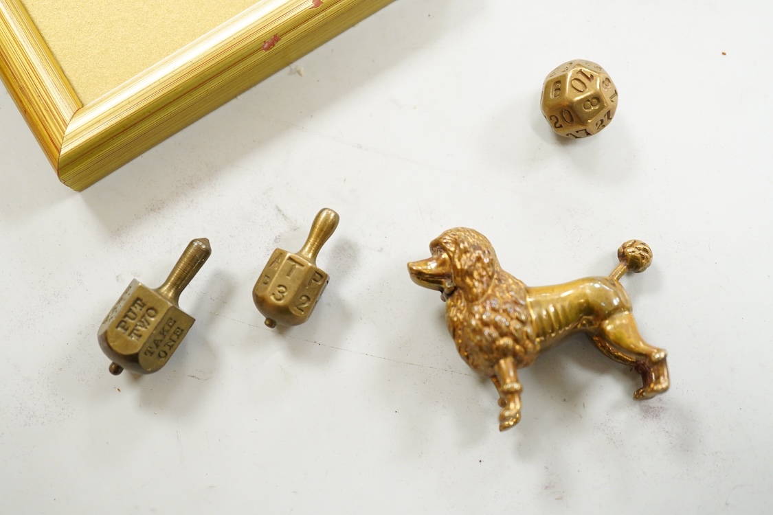Sundry items and collectables to include a brass snuff box, dated 1881, a brass dog piercer? and a 19th century miniature watercolour portrait of a lady